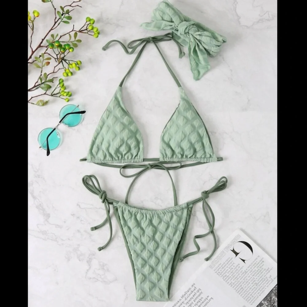 3pack Textured Halter Triangle Thong Bikini Swimsuit With
Bandana👙✨ - Picture 3 of 7